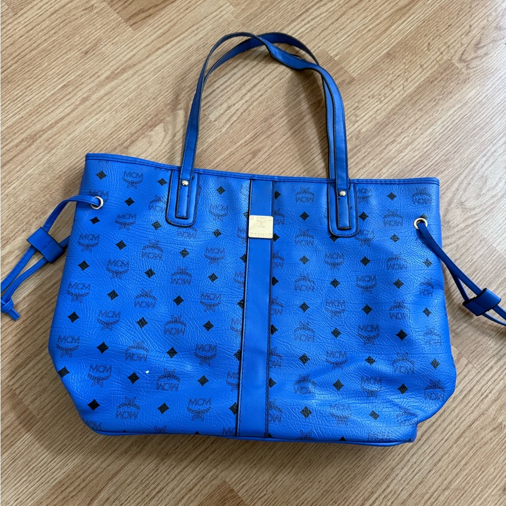 MCM Blue Monogram Tote Bag with Leather Handles